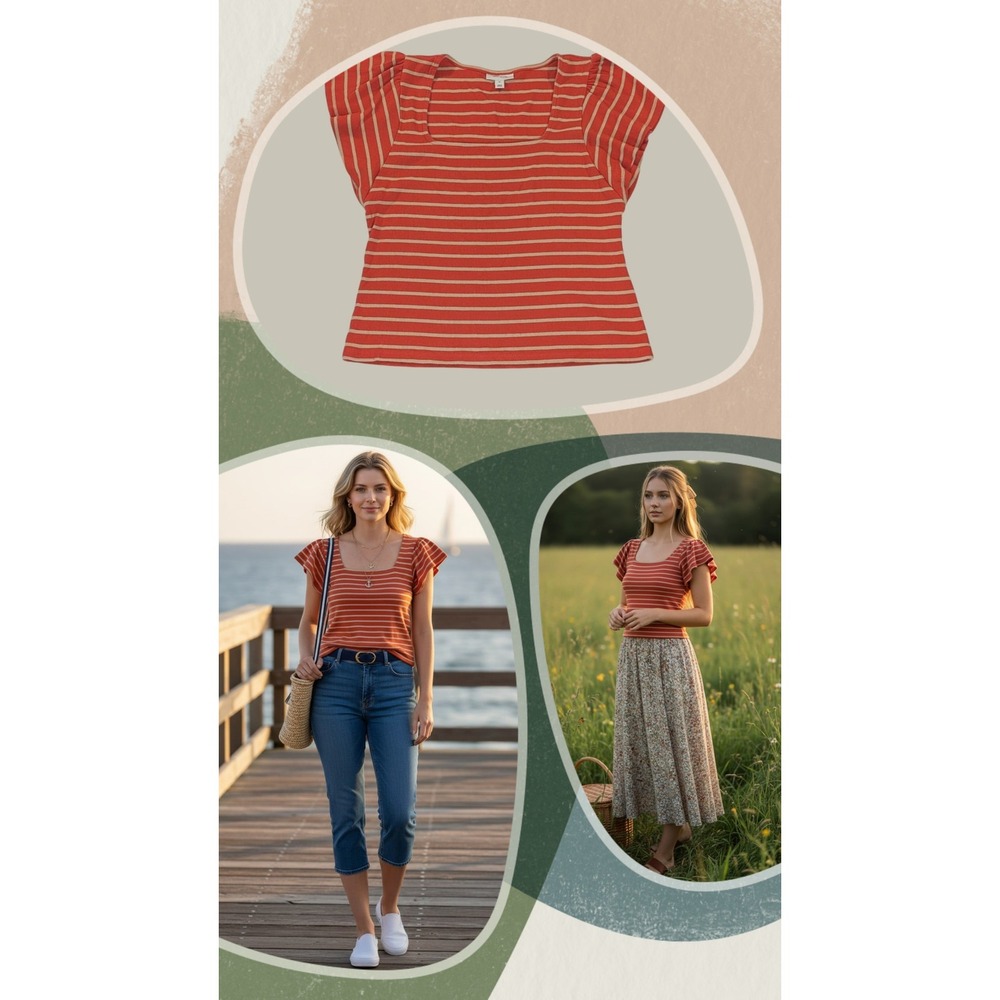 ON 34TH Square Neck Top XL Orange Striped Flutter Sleeve Ribbed Cotton